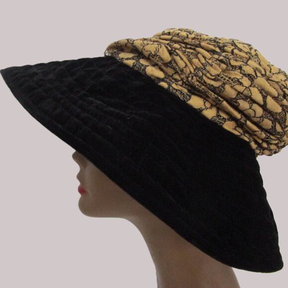 Soft Velvet Floppy Brim Hat Black Velveteen Gold Lace Packable